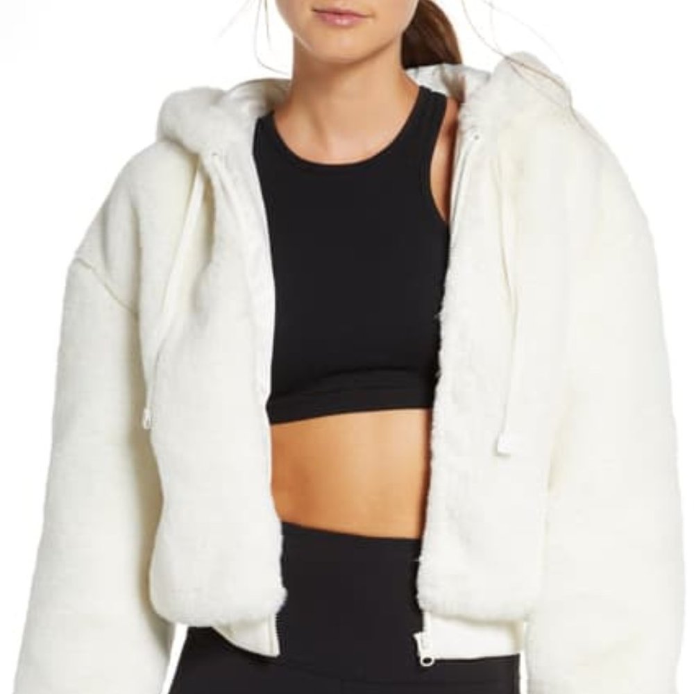 Blanc Noir Cozy Faux Fur Crop Hoodie Jacket NWT